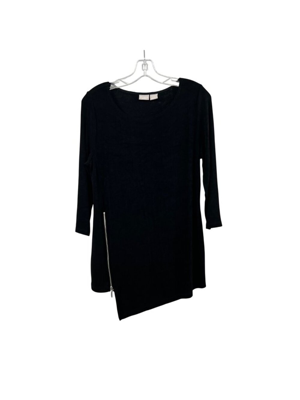 Chico's Travelers Asymmetric Hem Top 3/4 Sleeve Zipper Black Womens Size 8/10